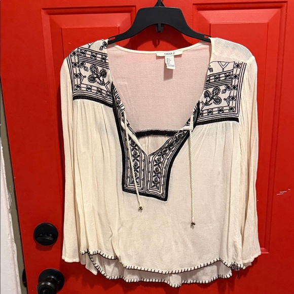 Forever 21 Tops - ADD ON ITEM💕Forever 21 Cream Blouse with Black Embroidery